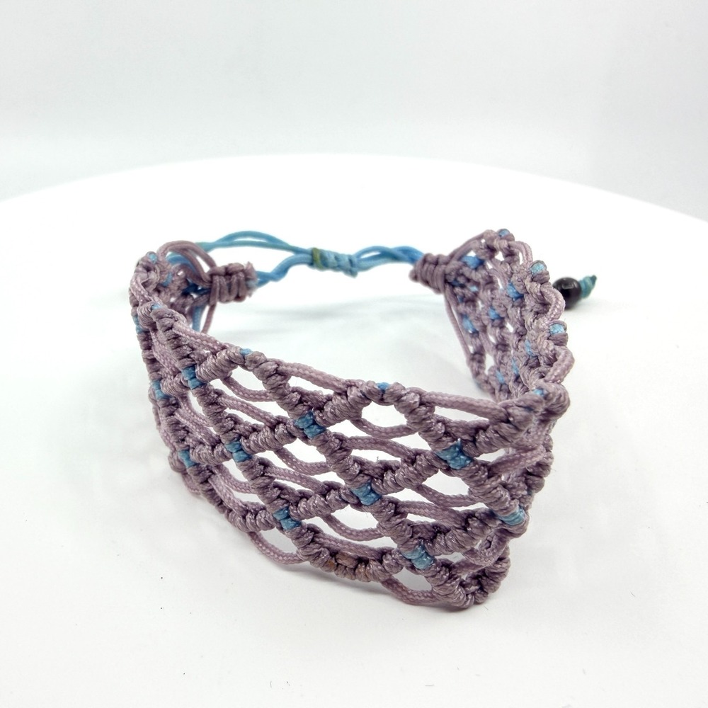 Vintage‎ Y2K Boho Purple Macrame Cuff Bracelet Blue Accents Adjustable Slide